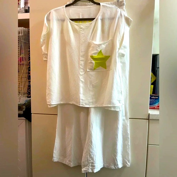 Zara White/ Green Linen Blend  Blouse/ Pants Summer Costume Size M - Picture 1 of 12